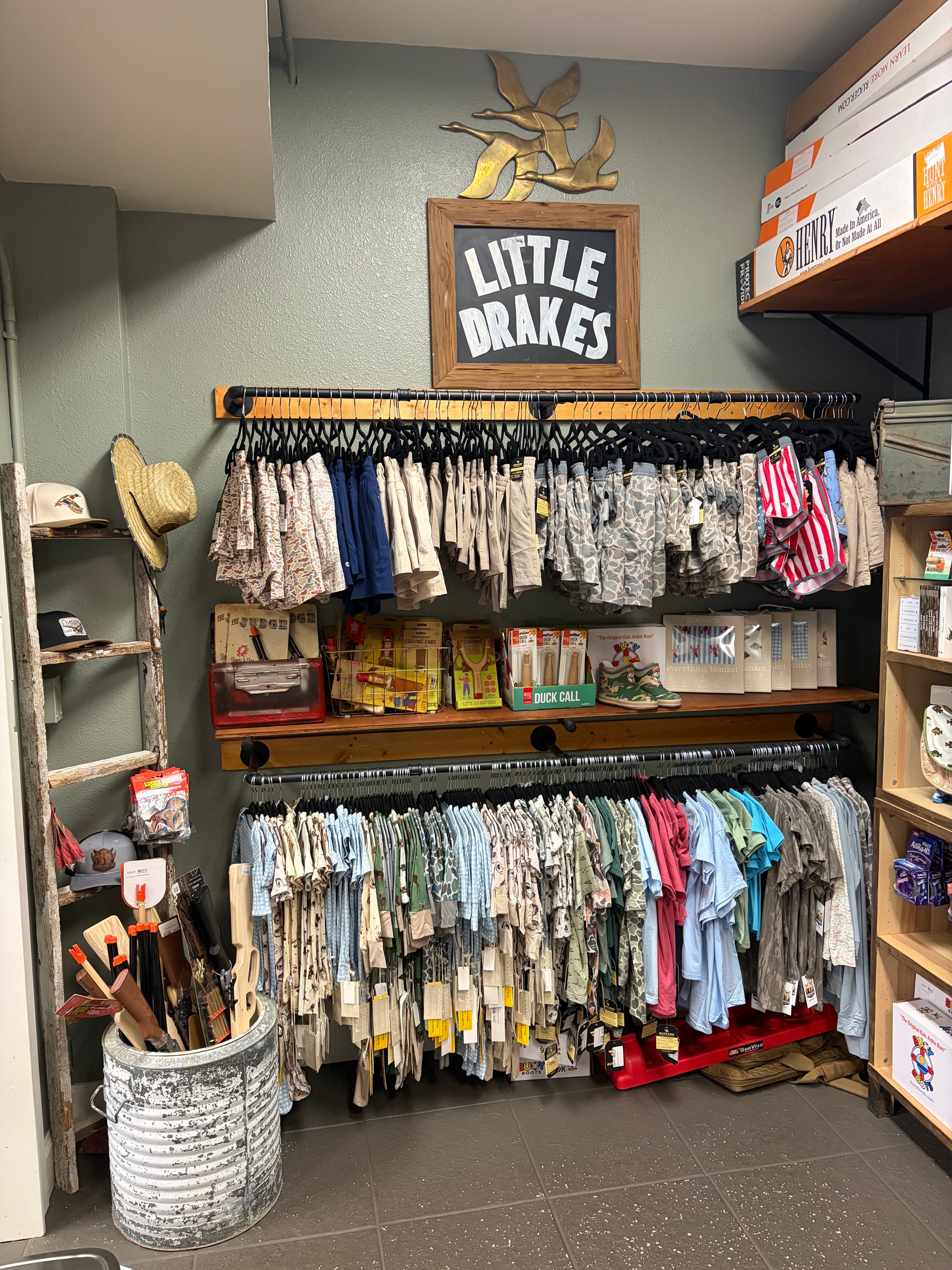 Little Drakes kids section with apparel and duck calls